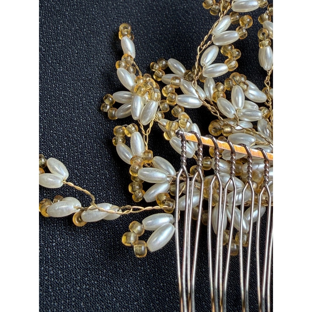 Vintage Pearl and Amber Bead Floral Metal Hair Comb Bridal Wedding Accessory - Picture 8 of 11